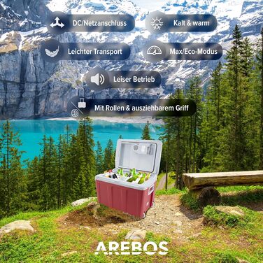 Автомобільний холодильник Arebos 40 л з функцією охолодження та підігріву, 12/230V, червоний