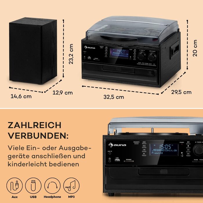 Вініловий програвач Auna з Bluetooth, USB, CD, DAB-радіо, динаміками, ретро-дизайн