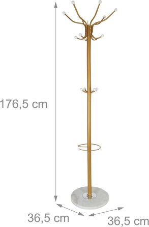 Стійка для одягу Relaxdays з підставкою для парасольки, 16 гачків, 176,5 x 36,5 см, мармурова основа, золота/біла