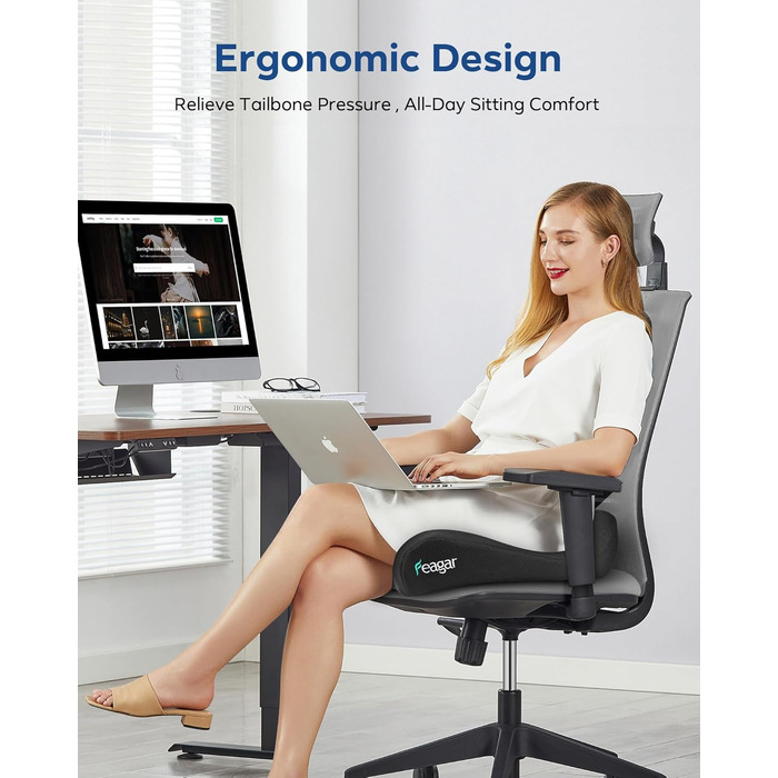 Ортопедична подушка для сидіння Feagar з memory foam - ергономічна подушка для офісного крісла, авто та дому - подушка для куприка, зняття навантаження при тривалому сидінні, неслизька (до 100 кг), чорна