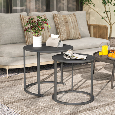 Набір з 2 столів-табуреток, розкладних, для саду/балкону, круглі, стійкі до погодних умов, зі сталі, економія місця, темно-сірий