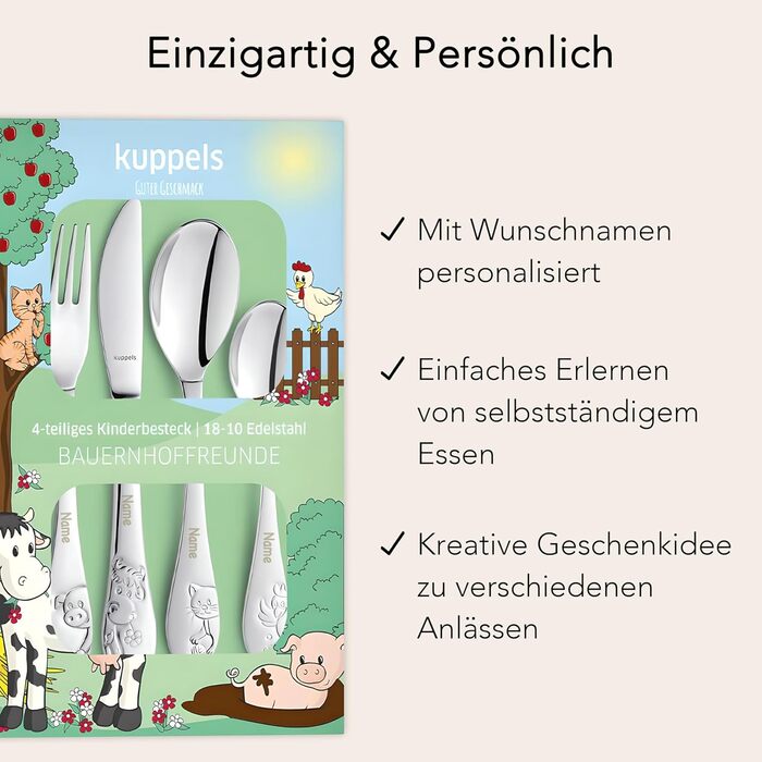 Дитячий набір посуду Kinderbesteck з гравіюванням імені, від 3 років, подарунок на хрещення/день народження, посуд для дітей, фермерський стиль