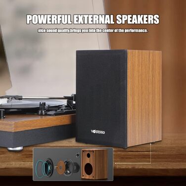 Вініловий програвач VOSTERIO з Bluetooth, зовнішніми HiFi стерео динаміками 2×15 Вт, 3 швидкості 33/45/78 об/хв, Aux-in, горіх