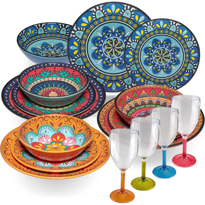 Набір посуду з меламіну Тоскана Пастель для 4 осіб - кольоровий - з мандала-орнаментом. Підходить для миття в посудомийній машині. Ідеально для кемпінгу, подорожей, фестивалів, пікніків та вечірок на природі (16 предметів: келихи 290 мл, кольоровий стіл)