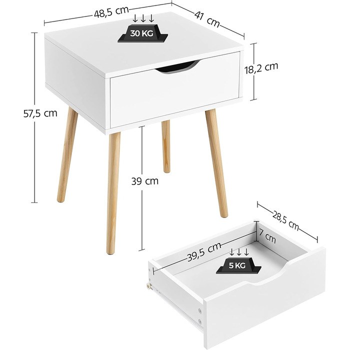 Тумбочка Yaheetech 2 шт. з ящиком і дерев'яними ніжками, скандинавська, біла