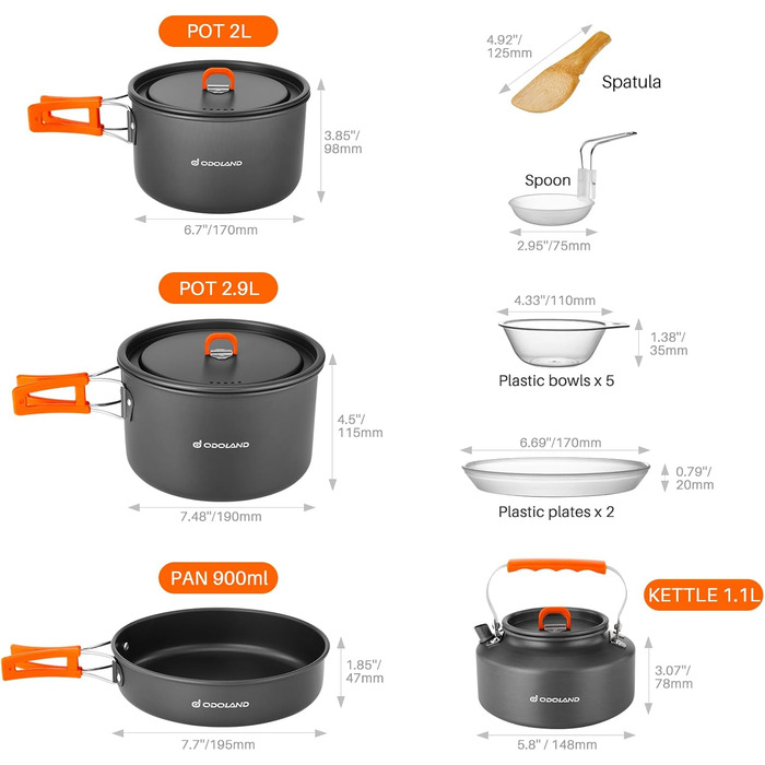 Одоленд 15 шт. Набір похідного посуду 2 каструлі, сковорода, чайник, алюмінієвий посуд на 4-5 осіб