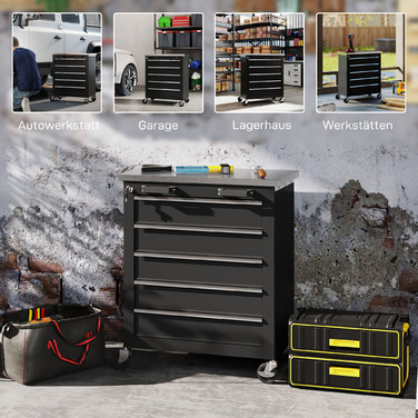 Шафа для інструментів з 5 висувними ящиками, колісна інструментарна скринька, інструментальний візок зі сталі, сріблясто-чорний