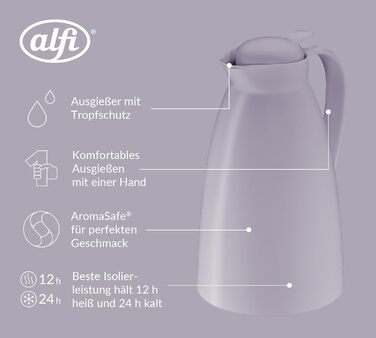 Термос Alfi ECO 1.0л з термоізоляційним скляним вкладишем, пластиковий, з поворотним клапаном та зручною кнопкою, для зручного наливання однією рукою, ідеальний для кави та чаю, BPA-Free, пастельно-ліловий