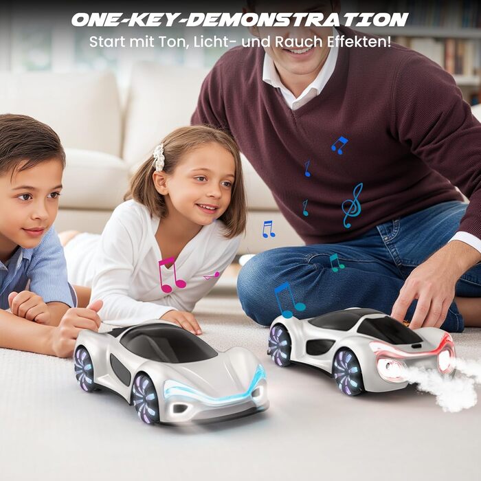 SIMREX RC Автомобіль 360° Дрифт Stunt Авто на радіокеруванні з LED підсвіткою дисків та туманом, 2.4GHz для дітей та дорослих від 6 років, подарунок на день народження, білий