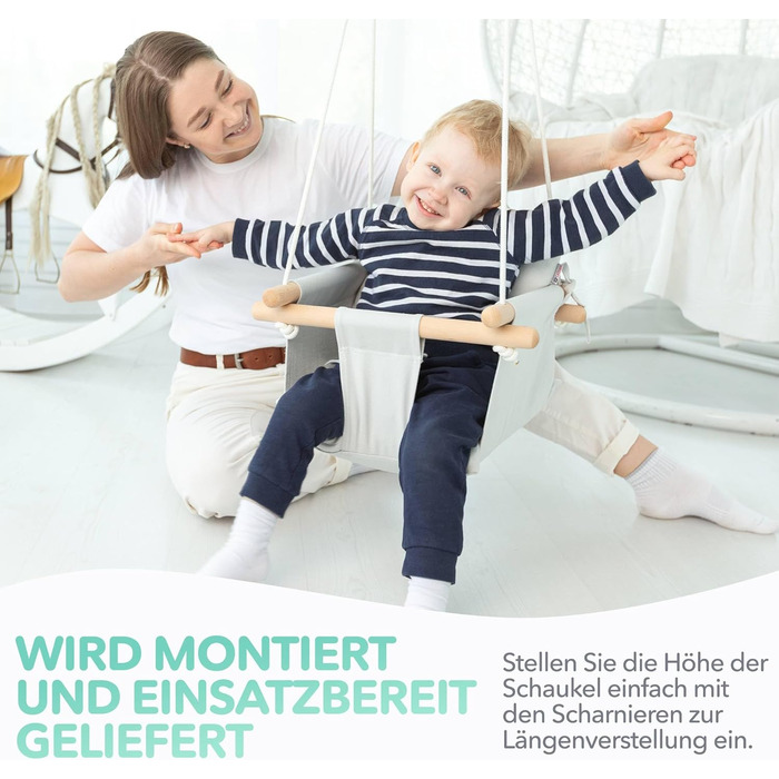 Дерев'яна гойдалка для малюків Cateam - ідеальна для дому та саду. З безпечним ремінцем, від 12 місяців. Елегантно-кремовий колір.