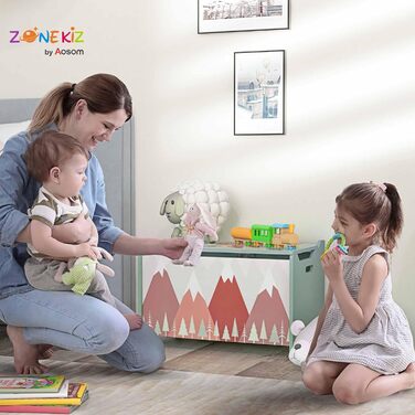 Дитяча валіза для іграшок ZONEKIZ з кришкою та безпечним шарніром, 60x37x39 см, зелена