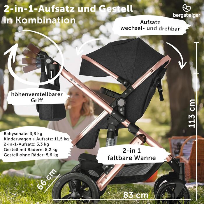 Дитяча коляска Bergsteiger Nizza 3 в 1 (сірий колір), комплект: автокрісло, шасі rose golden, люлька, прогулянковий блок