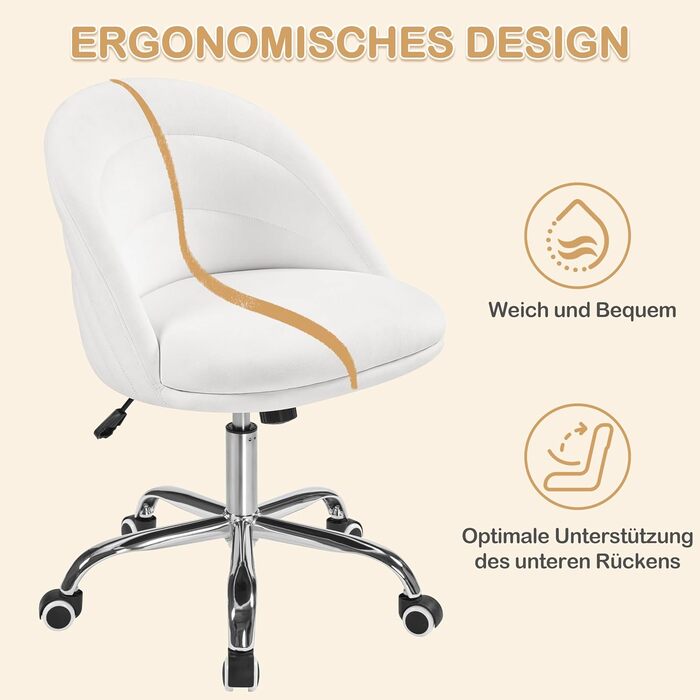 Крісло Yaheetech для дому та офісу: крісло для туалетного столика, обертове, з регулюванням висоти, на роликах, біле, до 136 кг