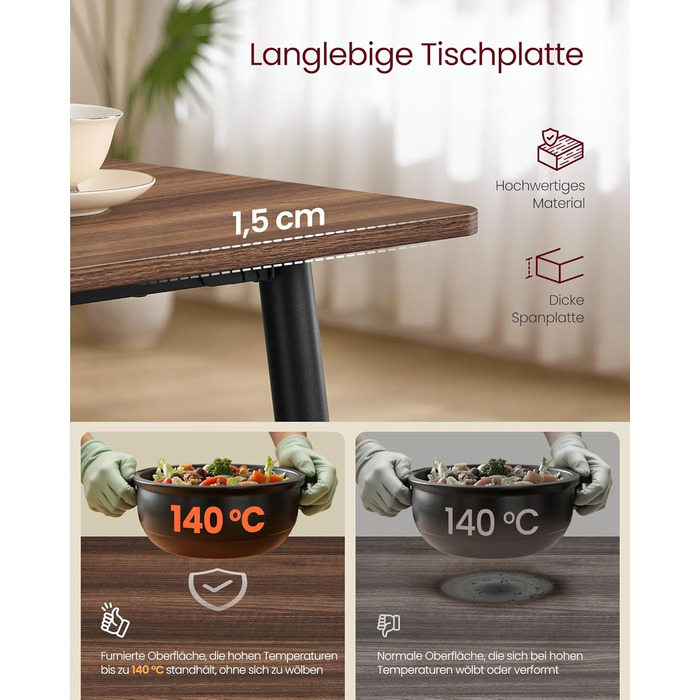 Стол обідній VASAGLE для 4-6 осіб, кухонний стіл у стилі кантрі, 140x75 см, натуральний відтінок горіха + чорний, KDT100KE02