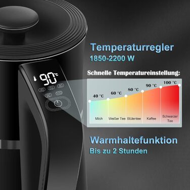 Чайник з нержавіючої сталі WANNYTON 1,7 л, 40-100 C, 2200 Вт, без бісфенолу А, цифровий дисплей, функція збереження тепла, чорний