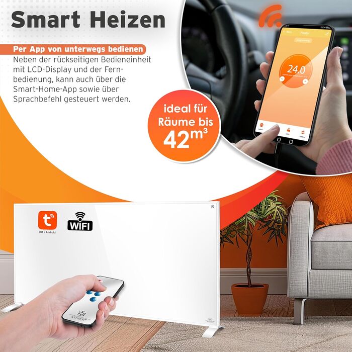 Інфрачервовий обігрівач KESSER® 700W: енергозберігаючий, з пультом та термостатом, настінний/підлоговий, білий