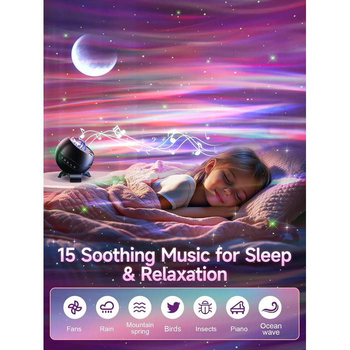 Проектор зоряного неба COOLNIGHT: нічник-проектор галактики та північного сяйва (Аврора) з 180 режимами світла, білим шумом та Bluetooth, чорний