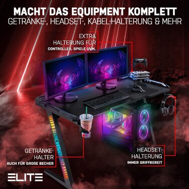 Ігровий стіл ELITE Rocksolid 2.0 Світлодіодне освітлення, кріплення для гарнітури, кабельний канал, підстаканник (чорний)