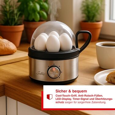 Яйцеварка Solis 8272 з функцією пароварки – нержавіюча сталь, до 7 яєць, регулювання ступеня готовності, LED-дисплей, звуковий сигнал, безпечна та легка у чищенні