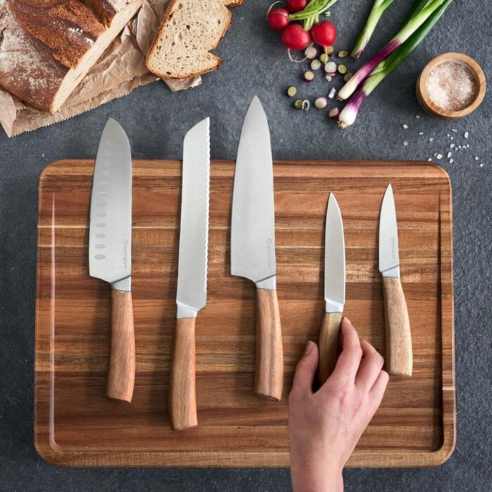 Набір ножів SpringLane 6 шт. з керамічним блоком та дерев'яним вставкою з акації, з лезами з німецької сталі та ручками з акації, білий