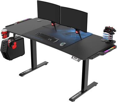 ULTRADESK Стіл для роботи Level V2 - Регульована висота, 140x68 см, з підсвіткою, для геймінгу, офісу, дому - з XL-килимком для миші (Синій)