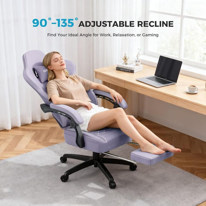 Ігровий крісло Dowinx з тканини та кишеньковим пружинним сидінням, крісло для геймерів з масажем та підголівником, ергономічне гоночне ігрове крісло з підніжкою, висувна підніжка (фіолетовий, висувна підніжка)