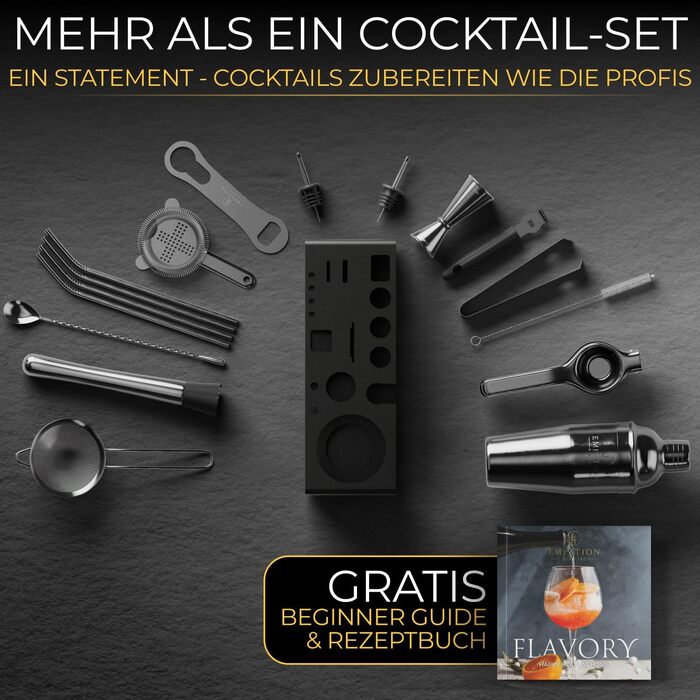 Набір для коктейлів Schwarz, 700 мл шейкер Cobbler з нержавіючої сталі, безпечне виливання, професійний набір шейкерів для коктейлів з підставкою та книгою рецептів, набір для барменів Signature Set чорного кольору