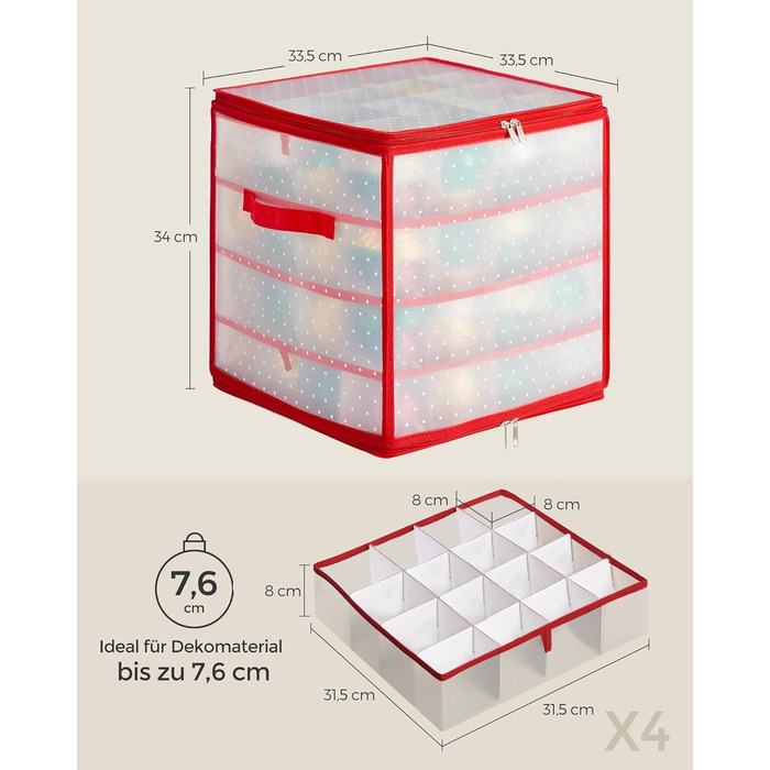 Ящик для зберігання новорічних прикрас SONGMICS з 64 відділеннями, 33.5 x 33.5 x 34 см, вишневий колір