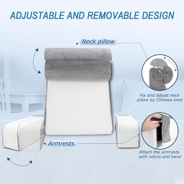 HOMCA Подушка для читання та відпочинку в ліжко та на диван з знімною подушкою для шиї та підлокітником, подушка для спини, настінна подушка, багатофункціональна подушка-клиновид для читання, роботи та перегляду телевізора (36x40x48 см)