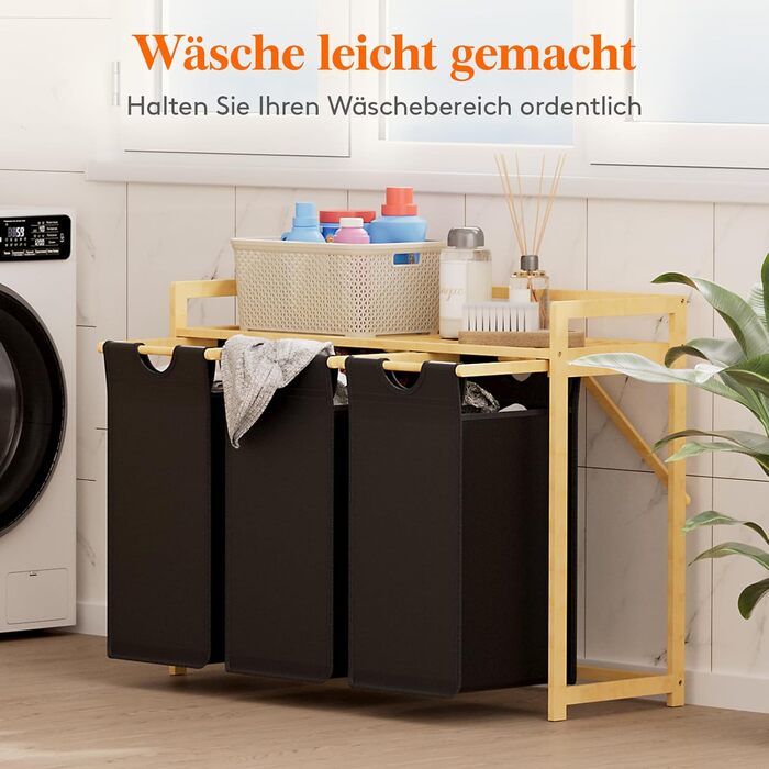 Кошик для білизни Lifewit з бамбуковим каркасом, 150л, 3 відділення, білий/чорний