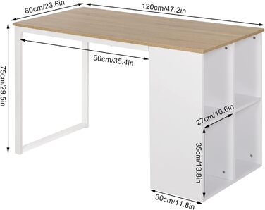 Письмовий стіл TSG26hei, 120x60x75см, меламін, сталевий каркас, 4 полиці, дерево, світлий дуб
