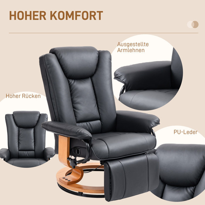 Крісло під телевізор HOMCOM Recliner Swivel з функцією відкидання та підставкою для ніг витримує до 150 кг, крісло під телевізор з імітації шкіри в чорному кольорі для вітальні