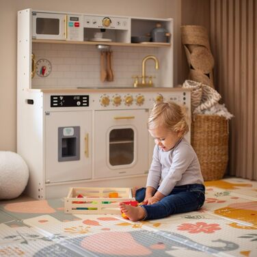 Дерев'яна дитяча кухня Mamabrum з LED-підсвічуванням - ігровий набір кухонь з регульованою висотою, з приготуванням кубиків льоду, мікрохвильовою піччю, плитою та посудомийною машиною. Іграшка для дітей від 3 років