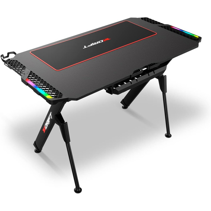 Ігровий стіл DRIFT GAMING з карбоновою поверхнею, RGB підсвічуванням, підстаканниками та тримачем для навушників, чорний (DRDZ150RGB)