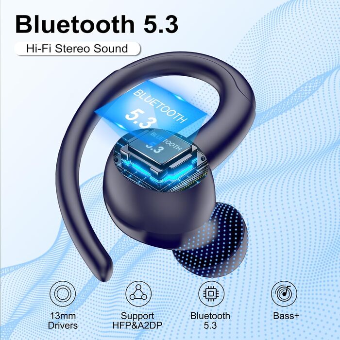 Спортивні навушники Csasan Bluetooth 5.3 з вушними гачками, 48Hs, мікрофон ENC, світлодіод, сенсорні, IP7 (темно-синій)