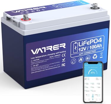 Літієва батарея VATRER POWER LiFePO4 12V 100AH з низькотемпературним відключенням і літієвою батареєю глибокого циклу 100A BMS 5000 1280 Вт для автофургонів, кемпінгу, човнів, сонячних домашніх систем (12V100Ah з автономним нагріванням)