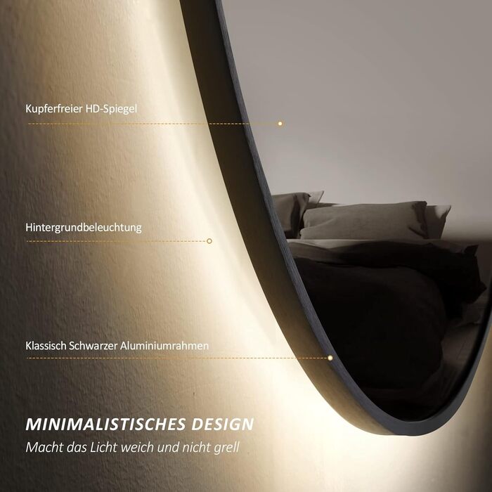 Круглий дзеркало для ванної кімнати EMKE з підсвічуванням 60 см – Чорний дзеркало з антизапарюванням, регулюванням яскравості, годинником, індикатором температури, сенсорним управлінням, функцією пам'яті, енергозберігаючий