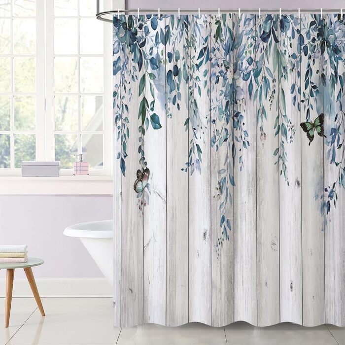 Шторка для душу 180x220 см, антигрибкова, з тропічним дизайном (пальмові листя, евкаліпт, гриби), водонепроникна, поліестер, для ванної кімнати, з 12 гачками (блакитна)