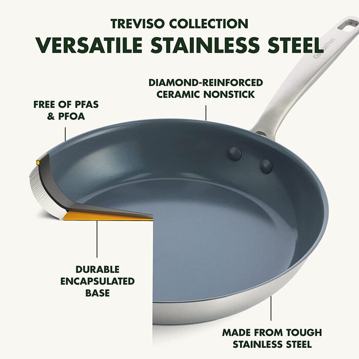 Набір сковорідок Greenpeace Treviso з антипригарним покриттям, нержавіюча сталь, 24 см і 28 см, без ПФАС, сірого кольору (сковорода, 30 см)