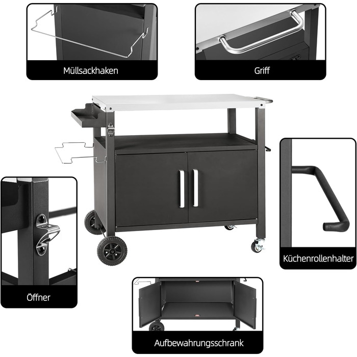 Набір для гриля з великою робочою поверхнею | Гриль-стіл, вуличний гриль-тролей, стіл з нержавіючої сталі для саду, срібно-чорний 112*59*82см