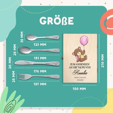 Набір дитячого столового прибору Maverton Kinderbesteck з гравіюванням та дерев'яною коробкою з малюнком тварин - з нержавіючої сталі, коричневий - подарунок для дівчинки на день народження, хрещення, народження - різдвяні подарунки - плюшевий ведмедик