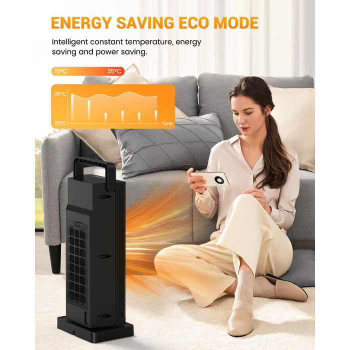 Електричний обігрівач з керамічним нагрівачем, 3 режими, 2000W, осциляція 70°, захист від перекидання, тихий обігрівач для дому та офісу