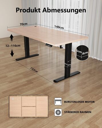 Регульований стіл Flamaker: електричний, з пам'яттю, для офісу та дому, 140 x 70 см, коричневий (бежево-чорний)