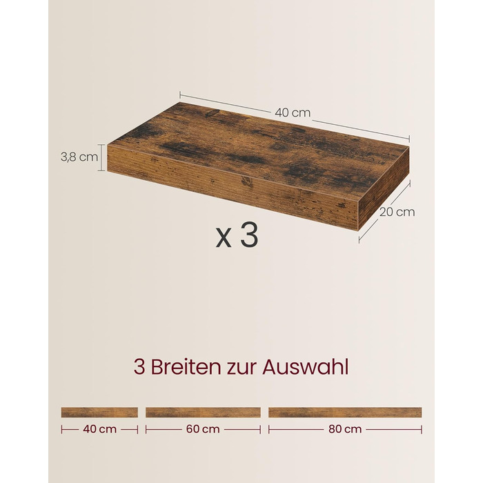 Настінна полиця VASAGLE, 3 шт. у наборі, 20 x 80 x 3,8 см, вінтажний колір, для фотографій, декору, вітальні, кабінету, кухні