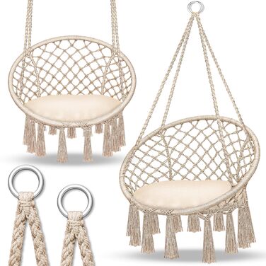 Крісло-гойдалка Tillvex для дому та саду | Міцний плетений гамак на 200 кг | З подушкою, бежевий | Для відпочинку на свіжому повітрі