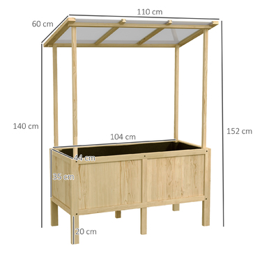Підвищене грядка з дахом, дренажні отвори, флізелінова підкладка, стійка до погодних умов, сосна, 110x60x152 см