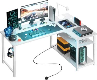 Ігровий стіл COMHOMA з полицею, куточний кутовий стіл з USB-зарядкою та розеткою, 120 см, кутовий комп'ютерний стіл для офісу, дому (білий)