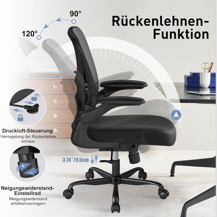 Ергономічне крісло для офісу ZZH з сітчастою спинкою, регульованою поперековою підтримкою та підйомними підлокітниками, дихаючий комп'ютерний стілець для дому з 360° обертанням та регулюванням висоти (Чорний)