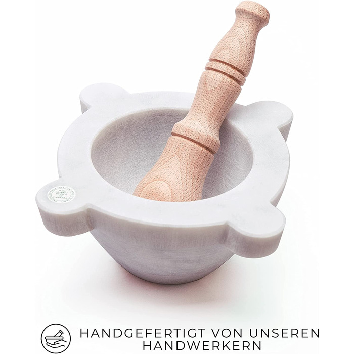 Морта для спецій та песто з мармуру Каррара Білий з товстою пестиком - Італія, Генуя (20 см, діаметр 20 см)