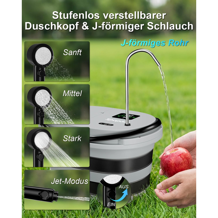 Campingdushe з насосом 20л, портативний душ з акумулятором 13000mAh, LED-індикатор, 5 режимів, для кемпінгу, подорожей, миття тварин